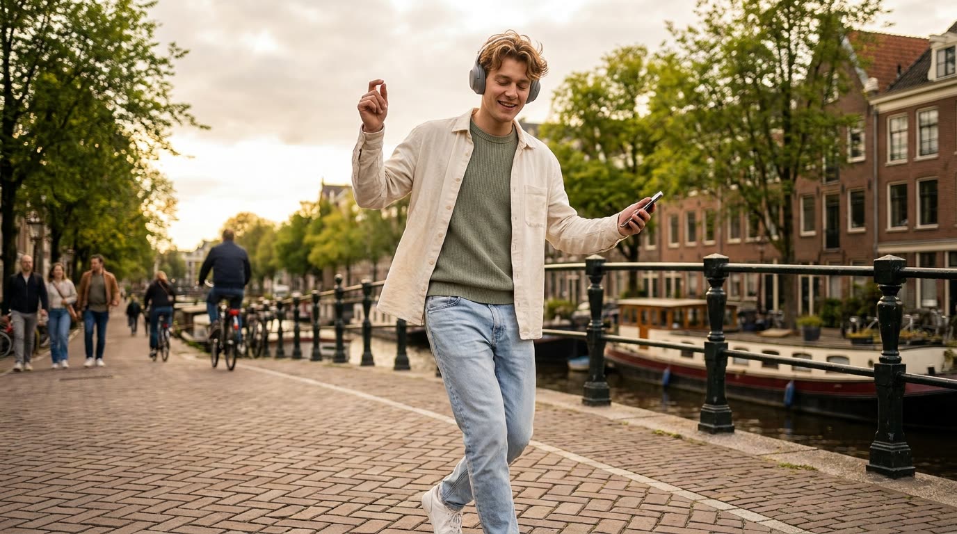 A young man walking out of a dim office into a bright, sunny world, earbuds in, phone loose in his hand