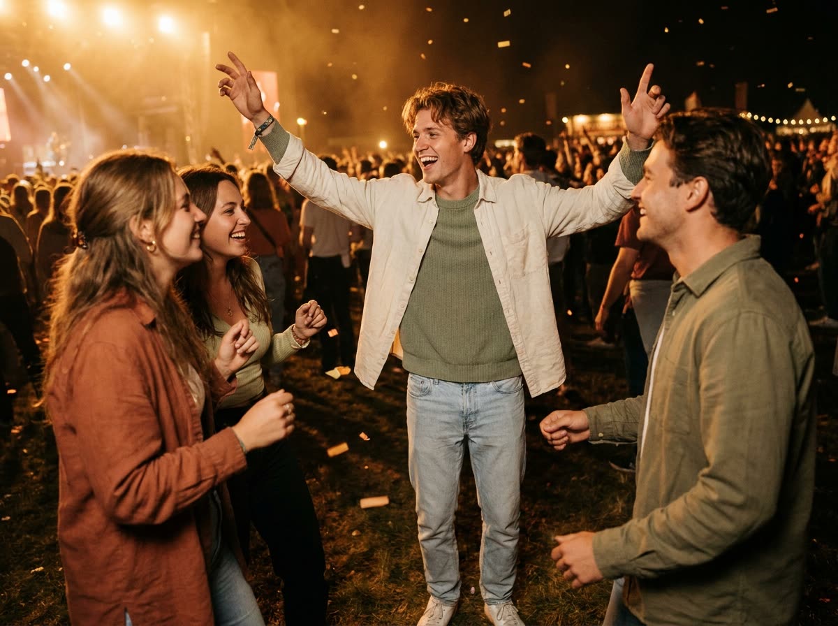 At a concert with friends at night, glancing at a phone, thumb mid-swipe