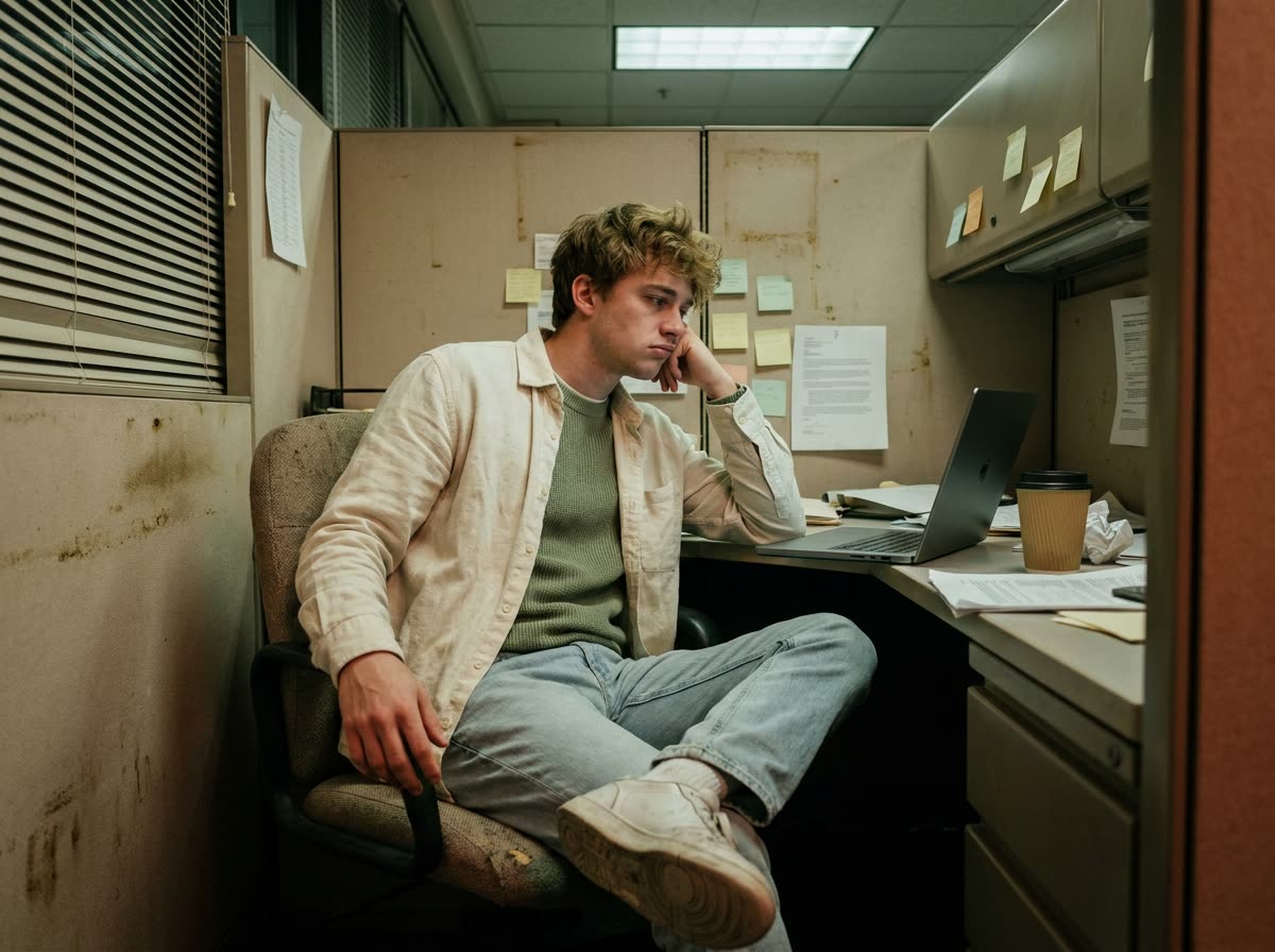 Slumped at a laptop in a dingy office under fluorescent light