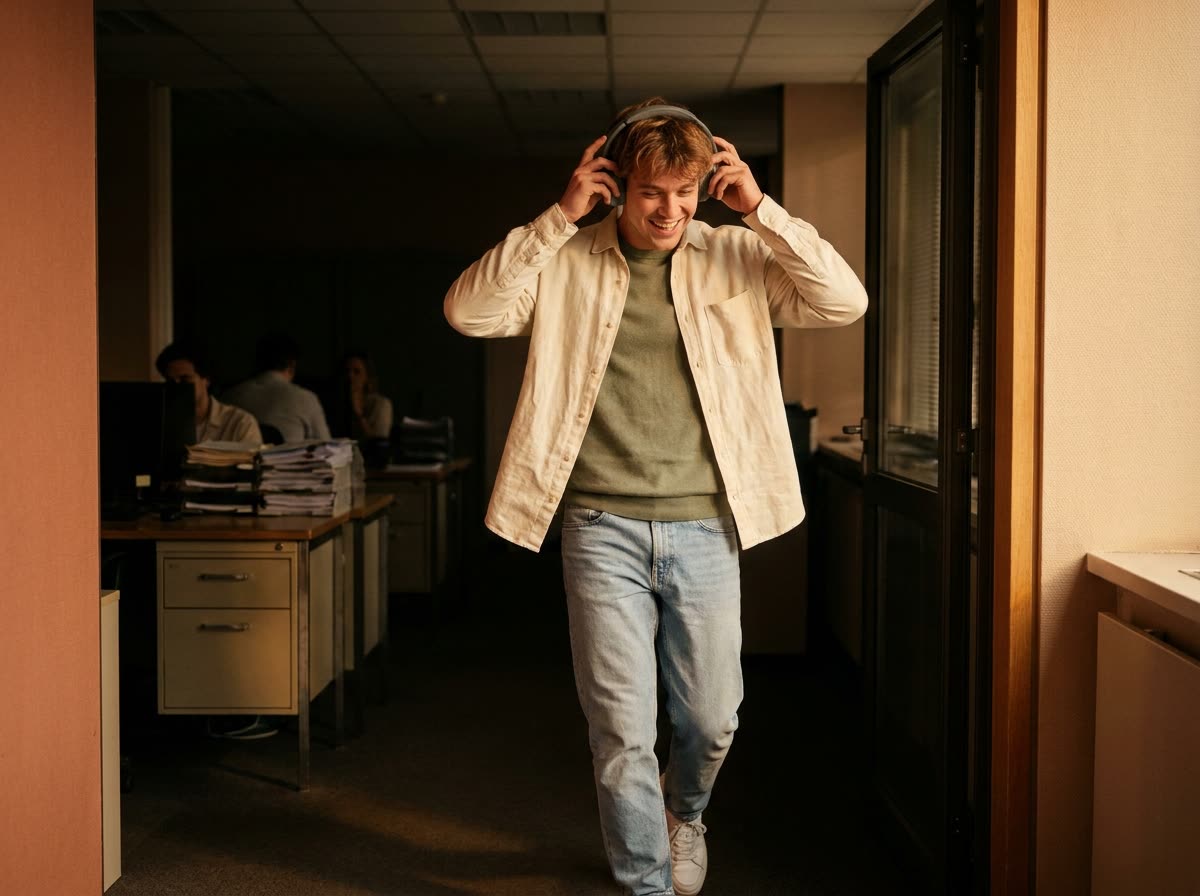 Dancing out of a dim office corridor toward a bright doorway, earbuds in